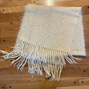 Textured Wide Woven Wool Fringe Boho Scarf Wrap Natural Ivory Color Wide